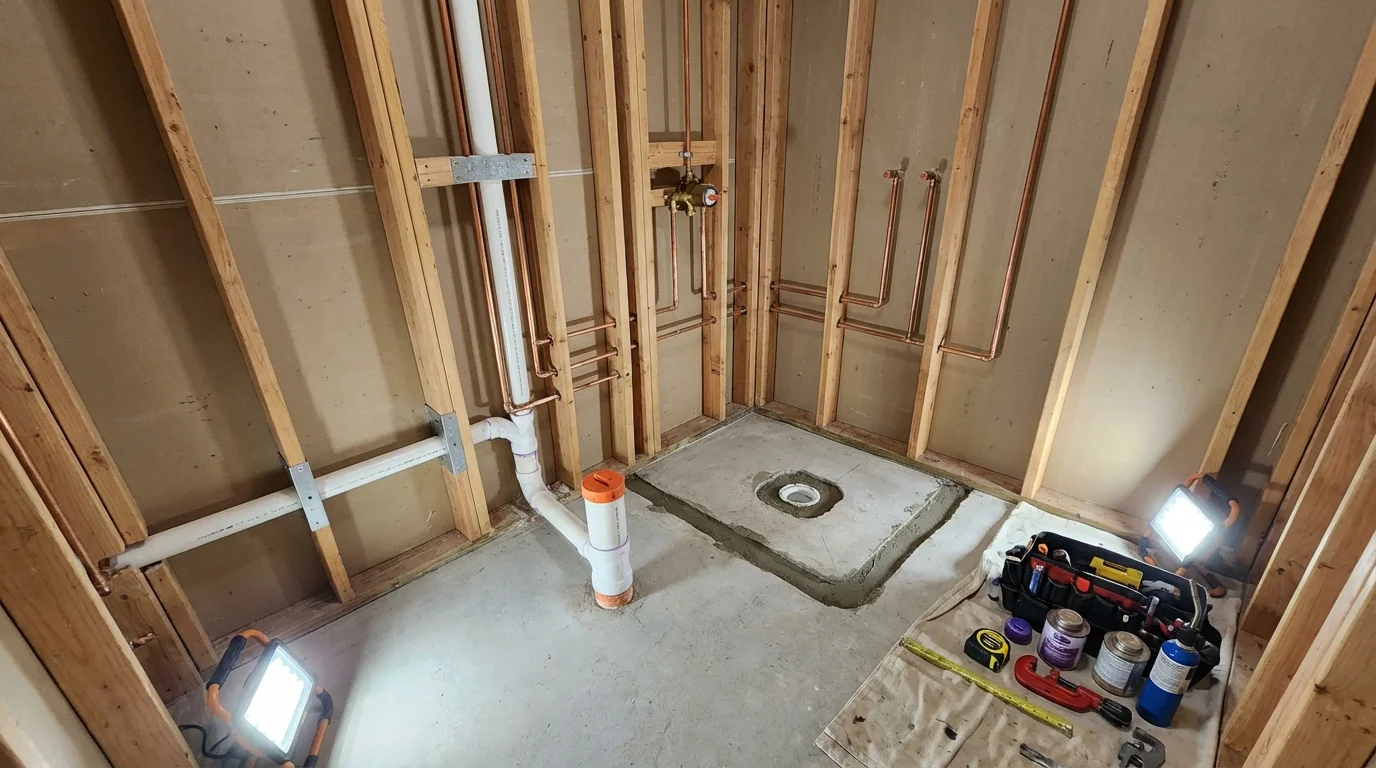 Bathroom rough-in plumbing during remodel by Johns Plumbing LLC in Carpentersville
