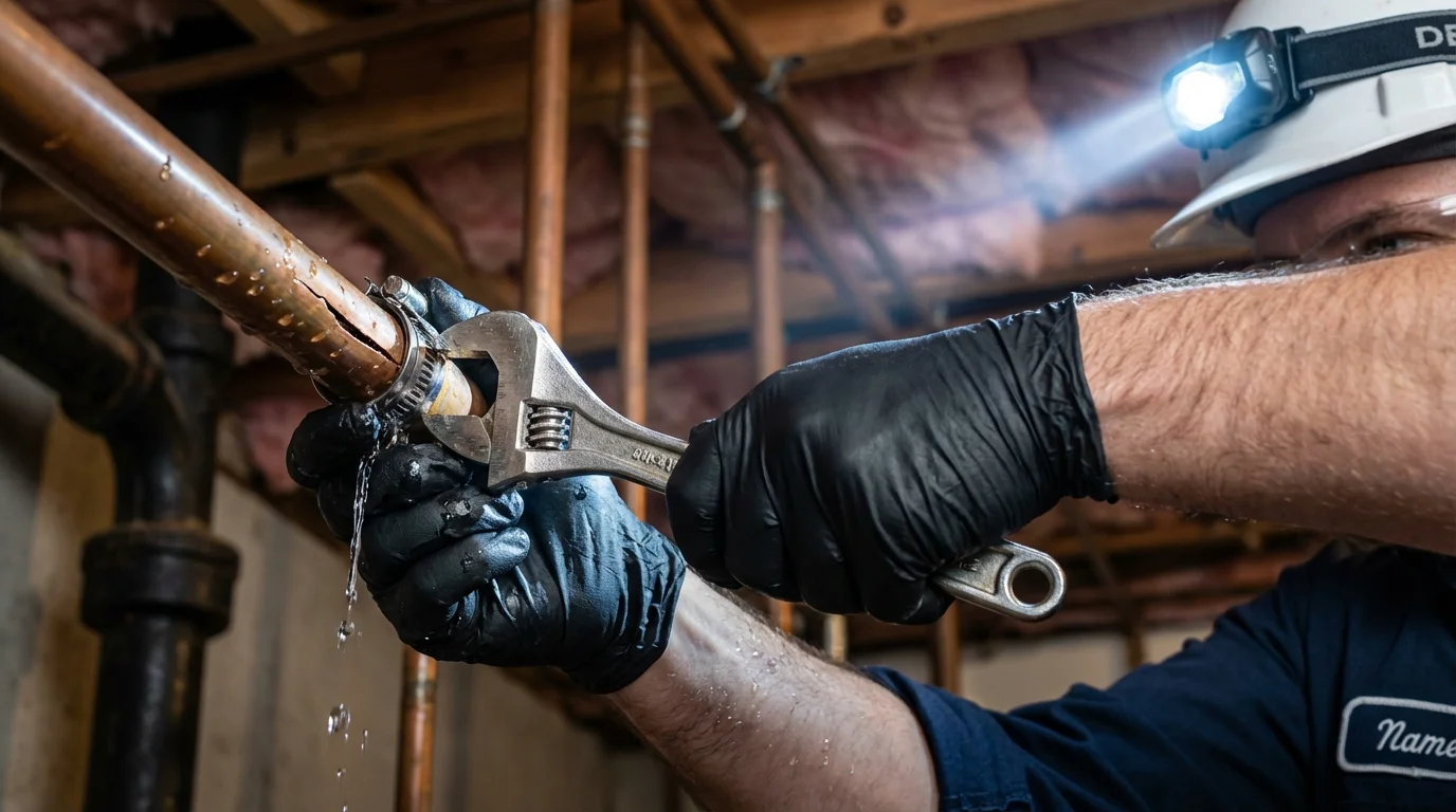 Emergency pipe clamp repair being performed by a Johns Plumbing LLC plumber in Carpentersville