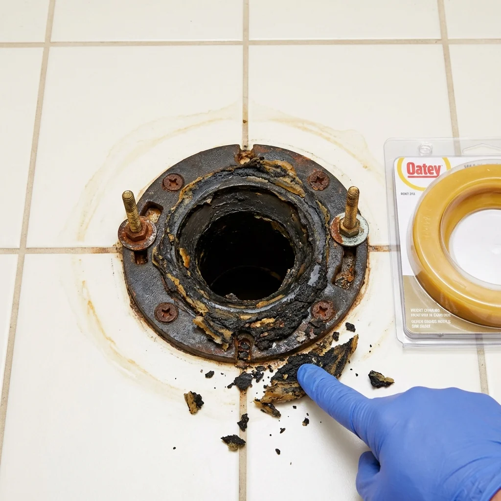 Failed wax ring showing water seepage at the base of a toilet in a Carpentersville, IL home