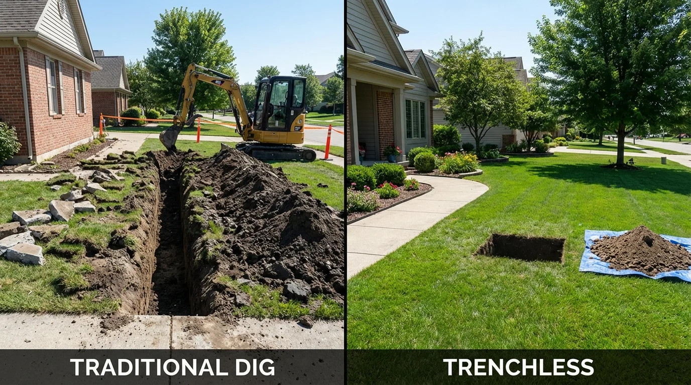 Trenchless sewer repair with minimal yard damage versus traditional excavation in Carpentersville, IL