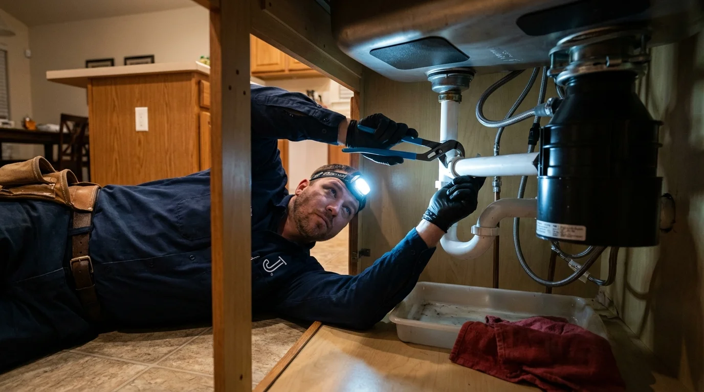 P-trap and supply line connections under a kitchen sink showing a common leak point in Carpentersville, IL